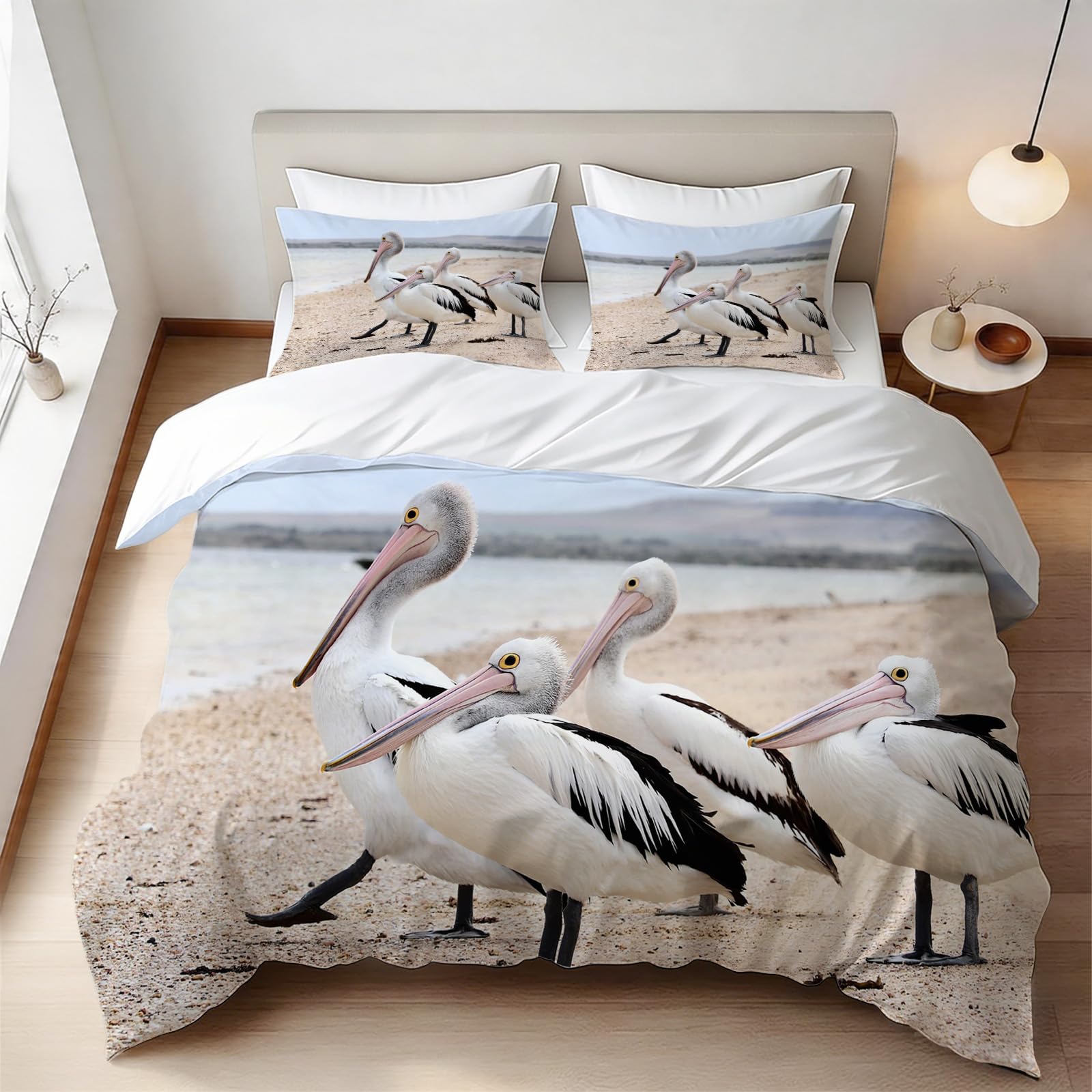 Housse de couette 240x260 cm avec taies imprimé oiseaux microfibre lit 2 personnes