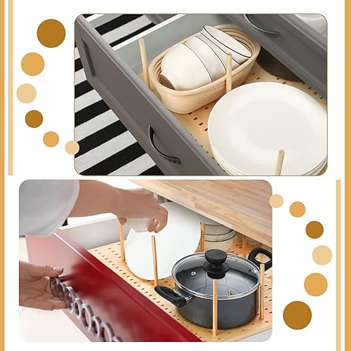 Miniatura 10 de Sistema de tablero de clavijas de madera, organizador de platos y platos, organizador de cajones de madera ajustable, organizador de pared y estante