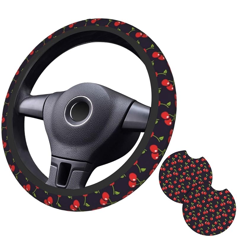 Capa para Volante Sanghing Cute Cherry em Neoprene com 2 Porta-Copos, 38,1 cm, para Carros e Caminhões, 3 Peças