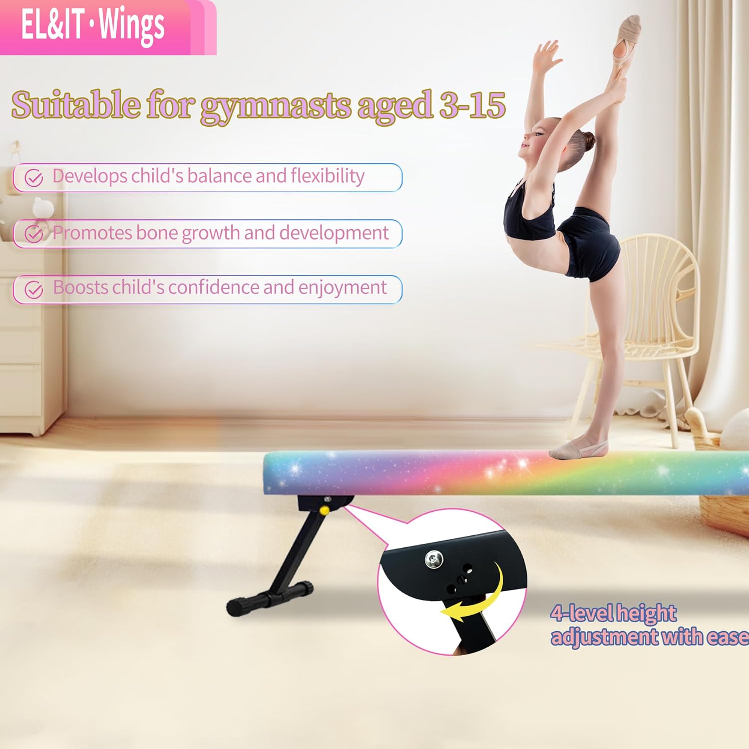 EL&IT·Wings 6FT/8FT Gymnastic Balance Beam for Kids, Adjustable Balance Beam with Leg, High and Low Level Floor Beam, Gymnastics Equipment for Home and Gym Center