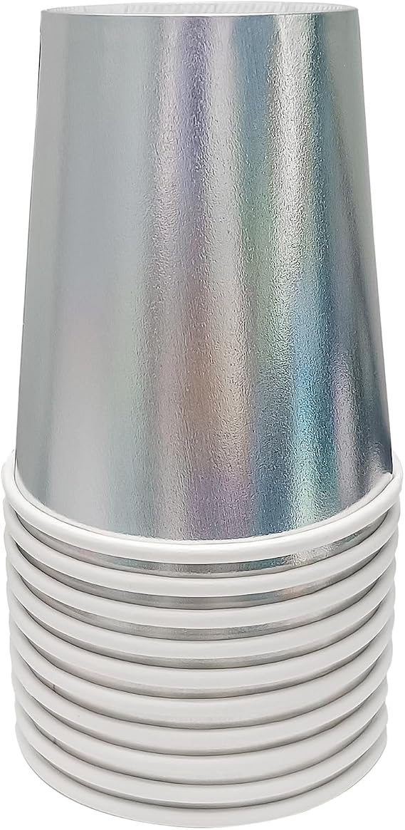 30 Pcs Disco Party Cups Iridescent Paper Cups Color Changing Rainbow Silver Mermaid Unicorn Themed Birthday Party Supplies 9OZ