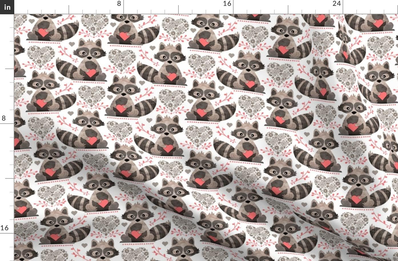 Spoonflower Fabric - Raccoon Valentine Coral Raccoons Valentines Pink Woodland Heart Hearts Printed on Organic Cotton Sateen Fabric by The Yard - Sewing Quilting Apparel Home Decor