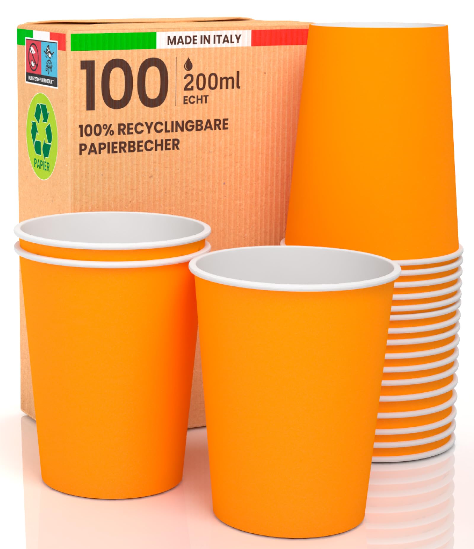 Baciato Caffè 100 Pappbecher 200 ml umweltfreundlich biologisch abbaubar Einwegbecher Made in Italy für den Sport heiße Getränke Wasser bunt orange – hergestellt und verpackt in Italien