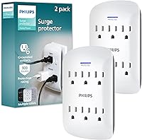 Vista 1 de Philips 6 enchufes extensores con protector contra sobretensiones, paquete de 2, toma de pared, 900 julios, 3 puntas, diseño que ahorra espacio, luz
