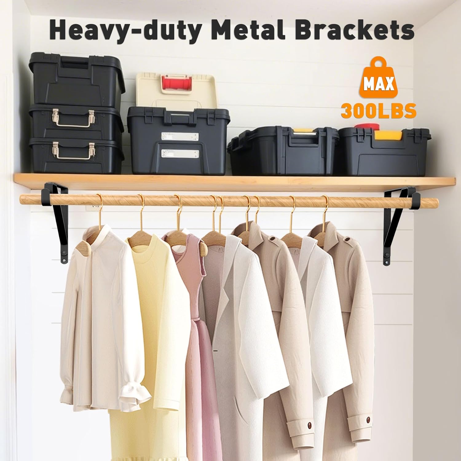 Closet Rod Bracket Heavy Duty Total Up to 300 lbs (6-Pack)- Wall Mounted Shelf Supports for Closet, Garage, Laundry, Rust-Proof Metal with Screws & Anchors, Black