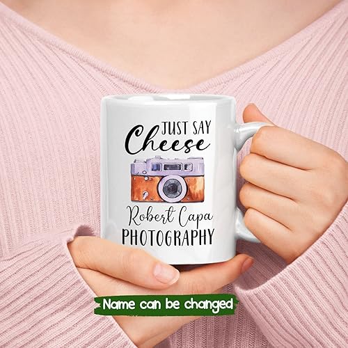 Miniatura 2 de Tazas de fotografía personalizadas con texto en inglés "Just Say Cheese"  Tazas de café para fotografía con nombre personalizado, taza de café para