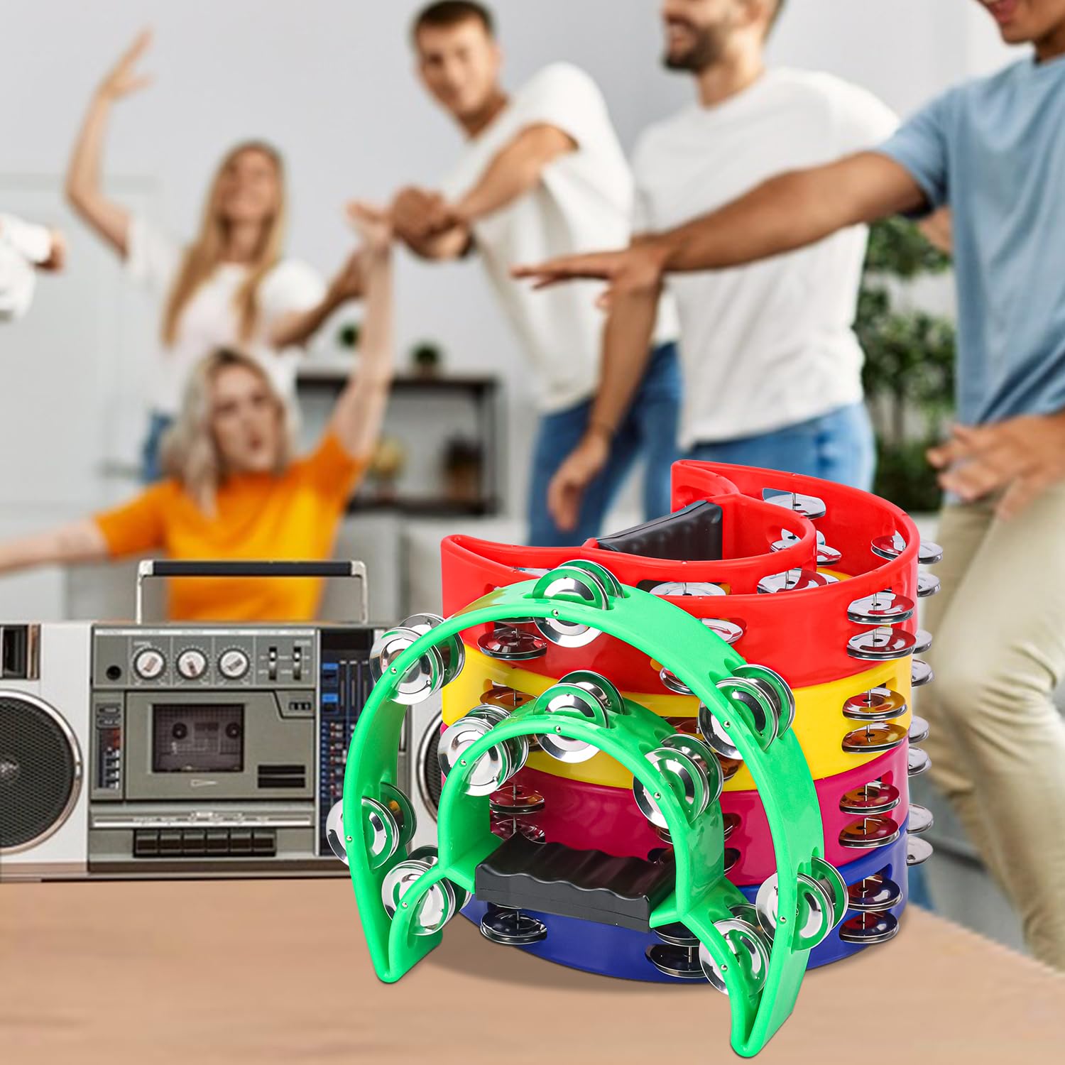 Paquete de 6 panderetas de mano de media luna de 9 pulgadas, pandereta, instrumento musical, pandereta de doble fila, panderetas de ritmo musical para adultos, conciertos, bailes, actuaciones