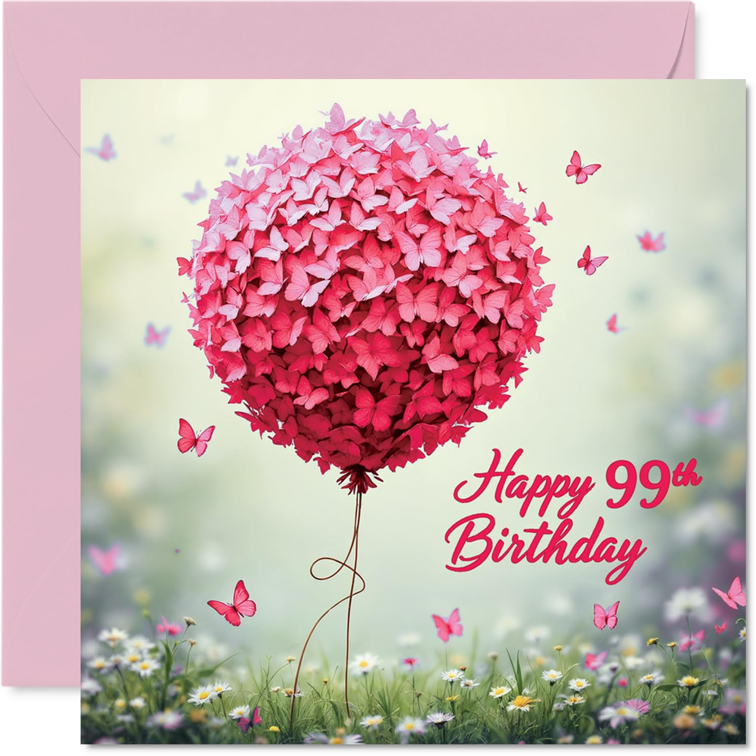 99th Birthday Cards for Women, Pink Butterfly Balloon