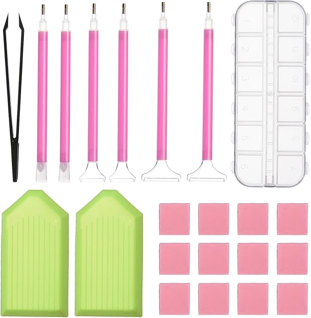Diamond Painting Tools DIY Diamond Stitch Pen Kit with Tweezers, Glue, Plastic Tray, Diamond Embroidery Box, for Nail Art and Diamond Embroidery, 22 Pieces Tool Set