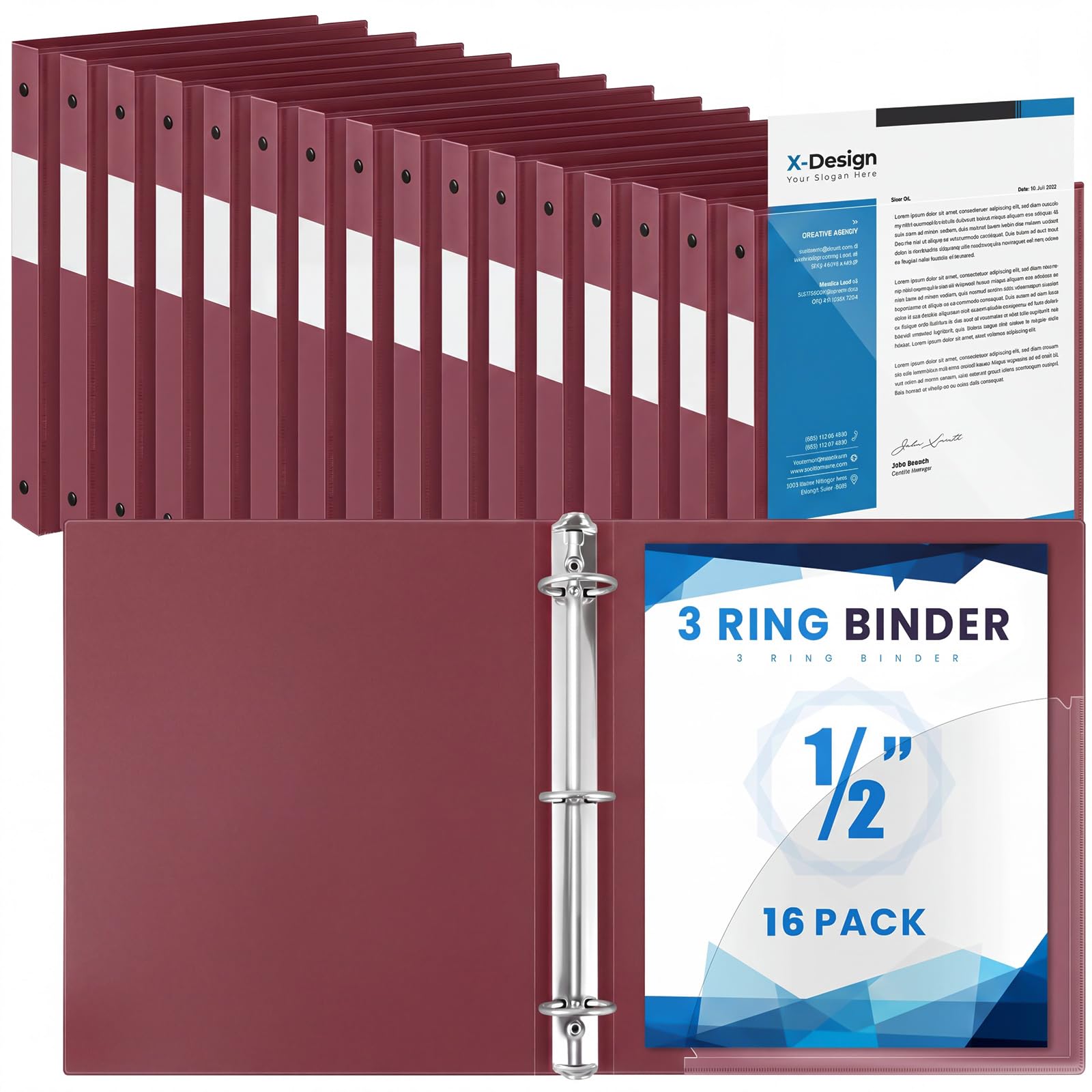 Henoyso 16 Pack 1/2 Inch 3 Ring Binder with Clear Cover Fit Letter Size 8.5" x 11" Paper Holds 140 Sheets, Bulk Binders for Organizing School, Office &amp; Classroom Documents, 1 Pocket (Dark Red)