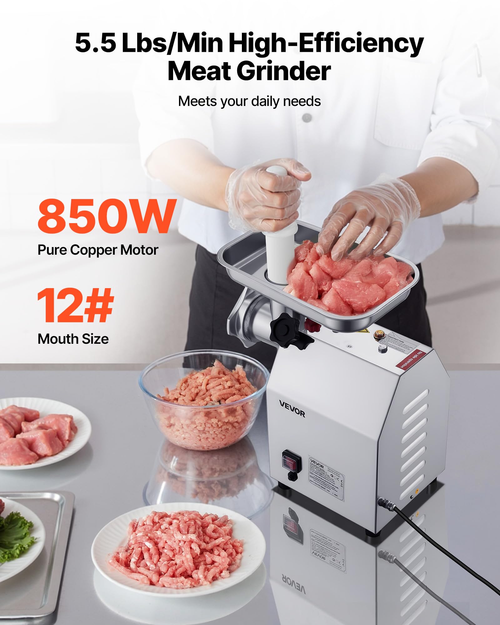 VEVOR Hachoir à viande électrique, capacité de 2,49 kg/min, poussoir à saucisses industriel de comptoir avec lame, plaque de broyage, hachoir commercial en acier inoxydable pour cuisine et restaurant