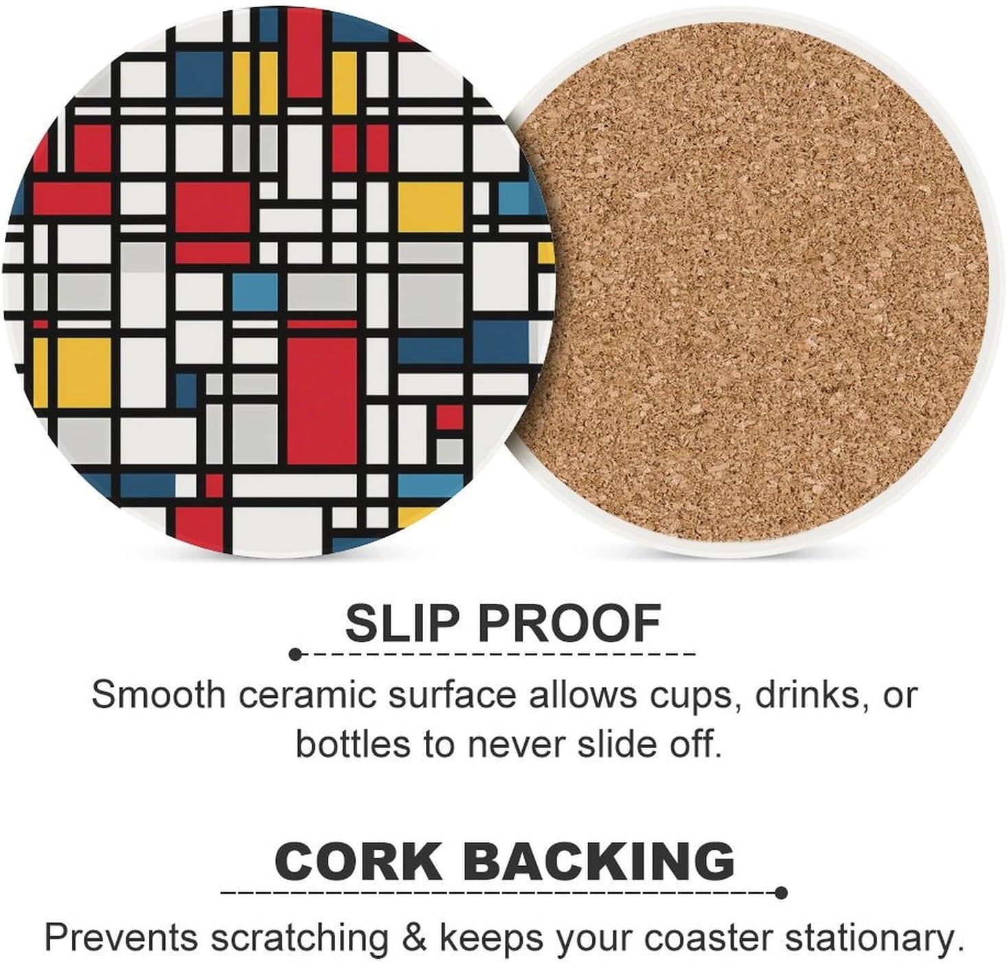 Mondrian Style Round Ceramic Coasters Print Drinks Absorbent with Cork Base for Home Decor Gifts 4 Inch