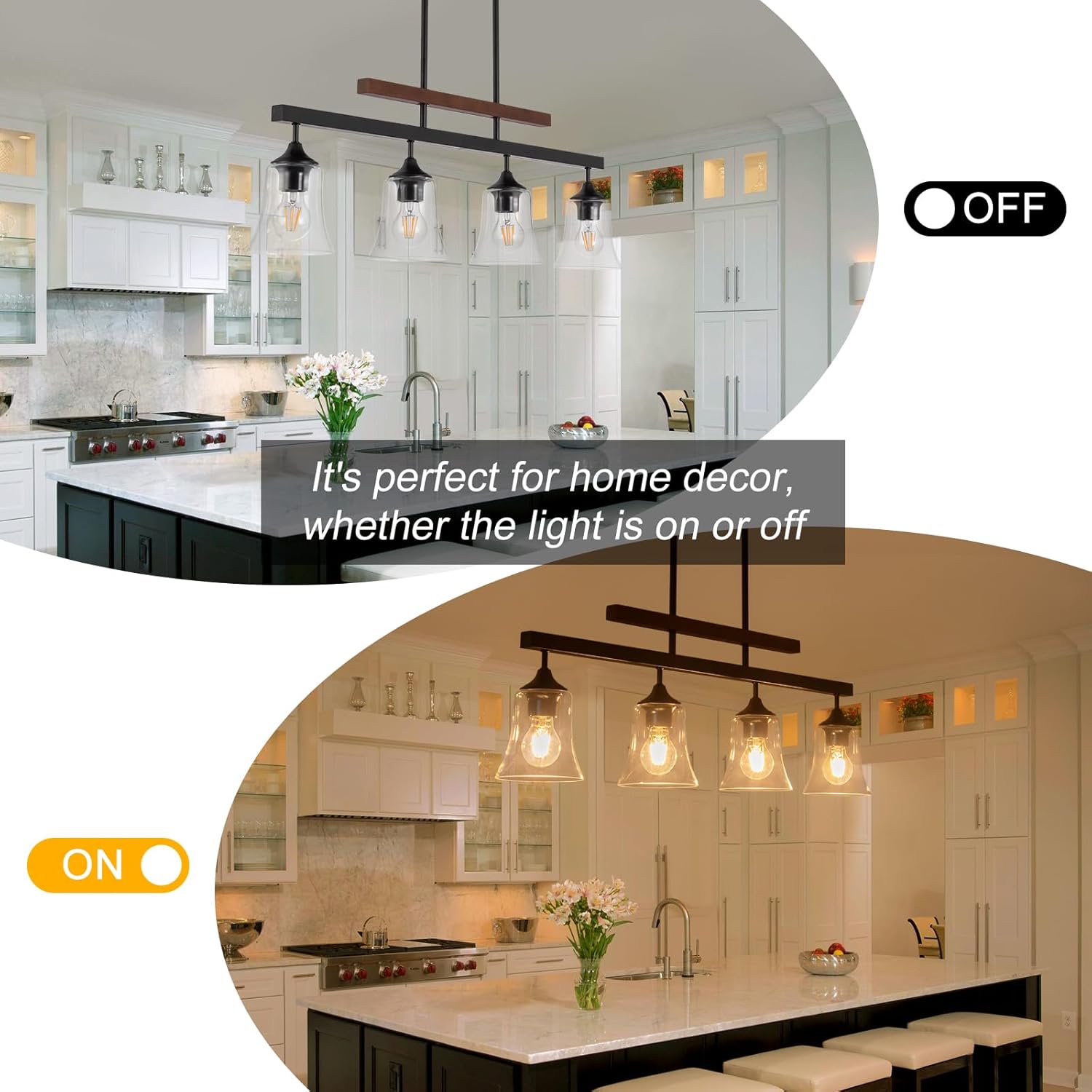 Dining Room Light Fixture 4-Light Kitchen Island Lighting Farmhouse Chandeliers for Dining Room Over Table Wood Chandelier with Glass Black Metal Pendant Light for Kitchen Island Lights