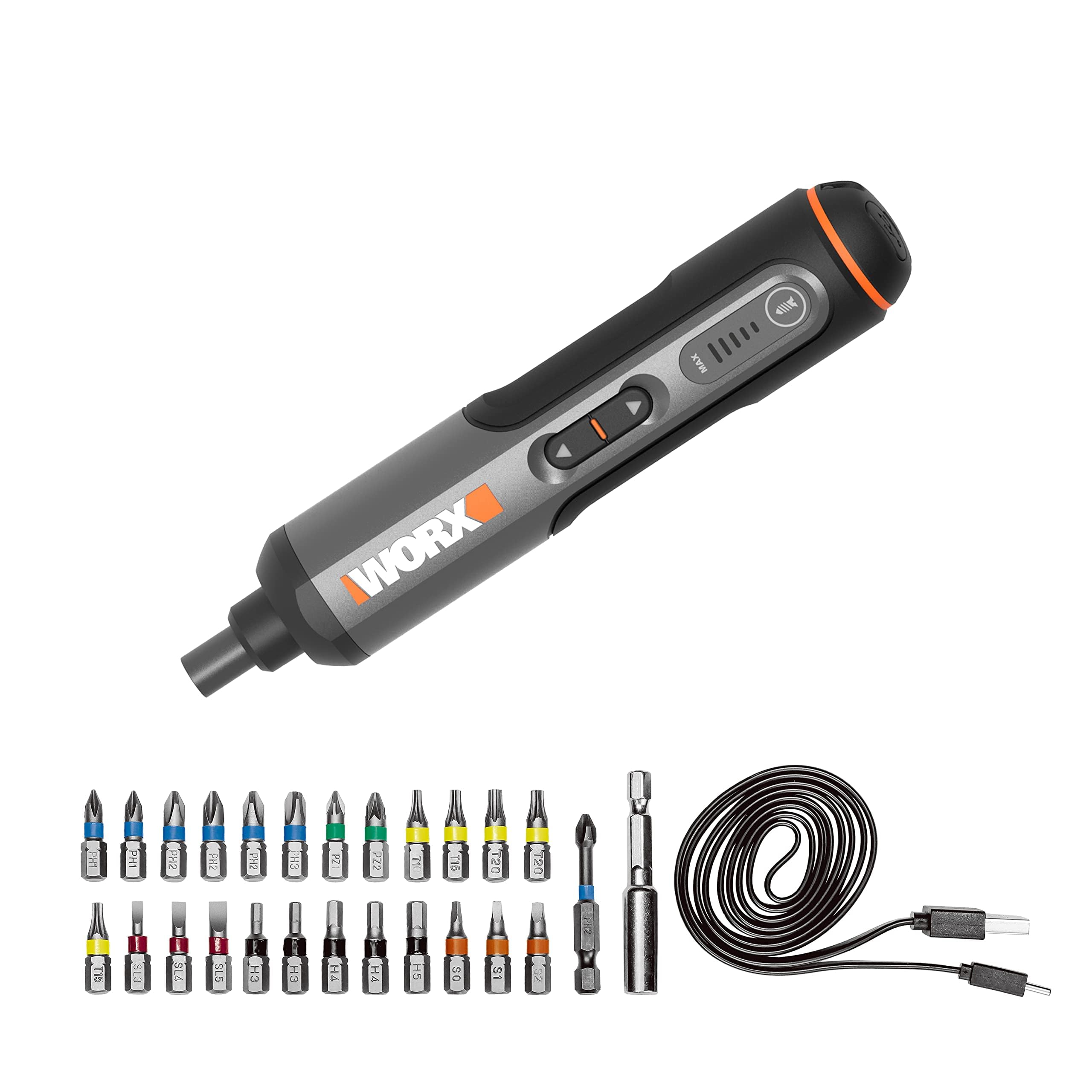 WORX WX240 3,6 V (4 V max) Mini-Elektroschrauber mit 3-Gang-Drehmoment | 5 Nm Leistung, 24 Schraubendreher-Bits, LED-Licht - leicht, kabellos, USB-C-Ladung, ideal für Montage- und Reparaturprojekte