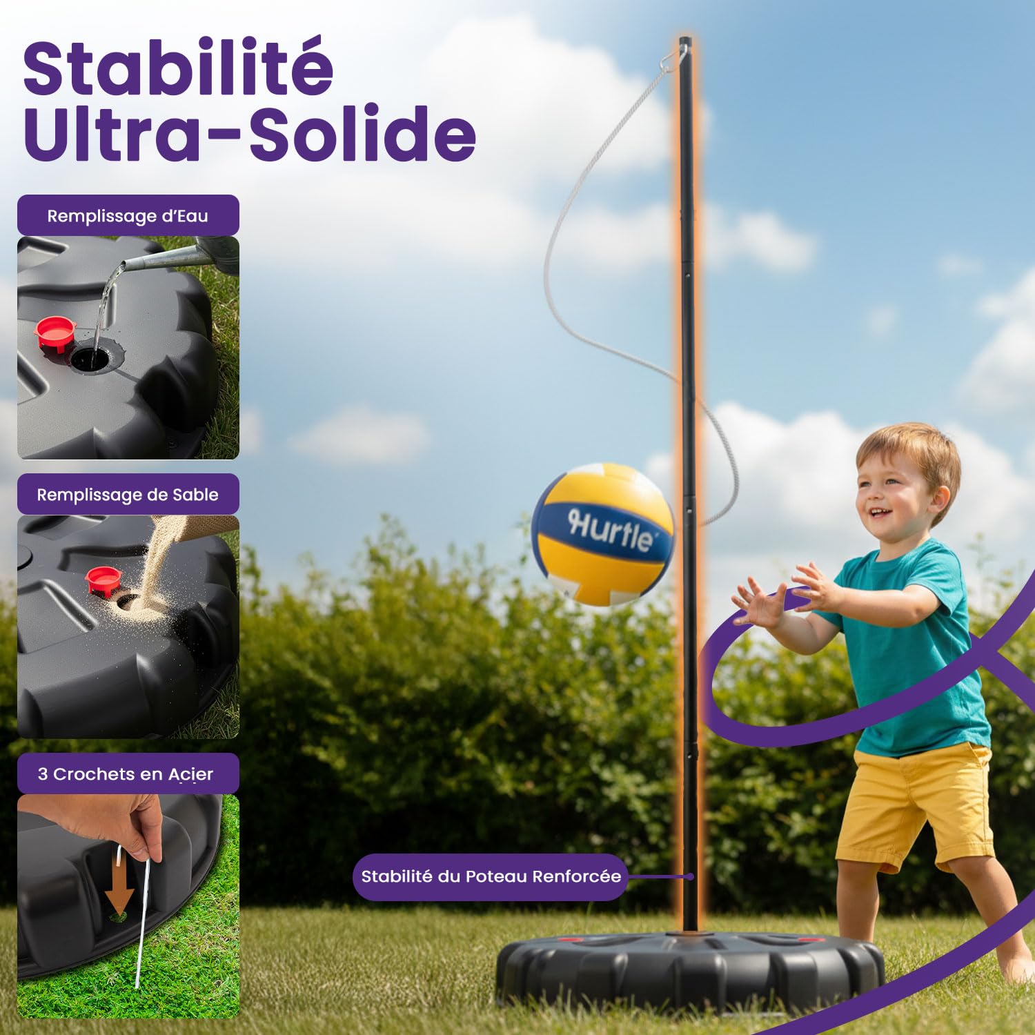 Hurtle Jeu de Tetherball Extérieur Réglable 1,2-2,7 m Set Complet Base Lestable Balle Corde Jardin Stable