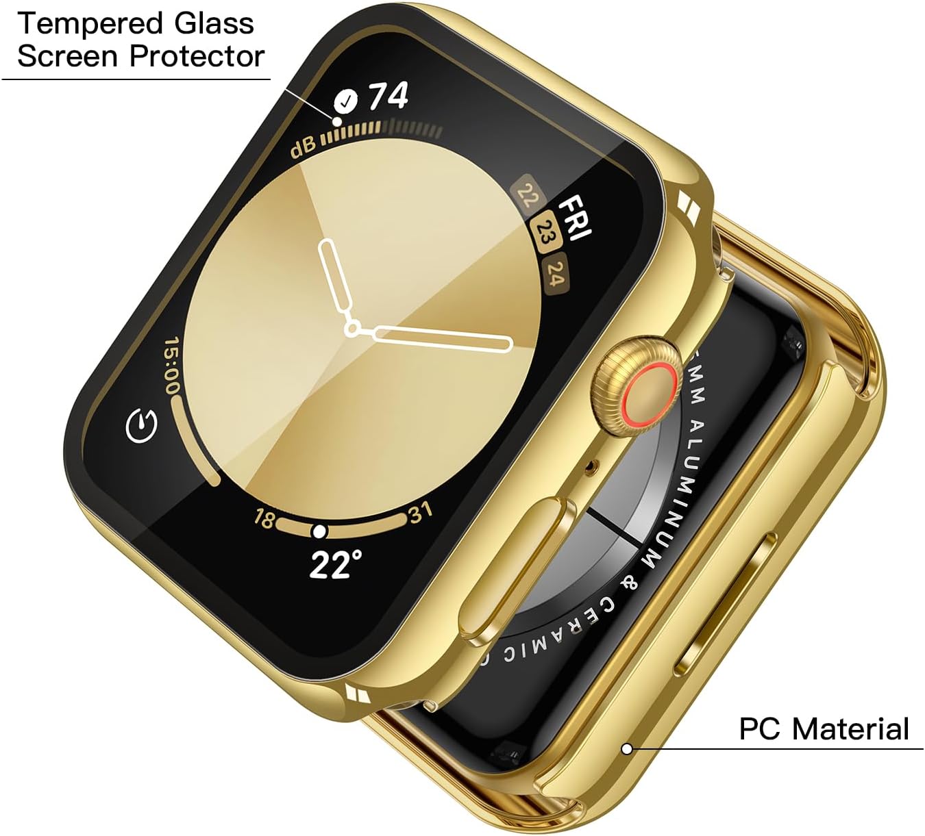 Misxi 2 Pack Tempered Glass Case Compatible for Apple Watch SE 3 (2025) SE 2 SE Series 6 Series 5 Series 4 44mm, Hard PC Screen Protector Overall Protection Cover for iWatch, 1 Gold + 1 Transparent - Image 4