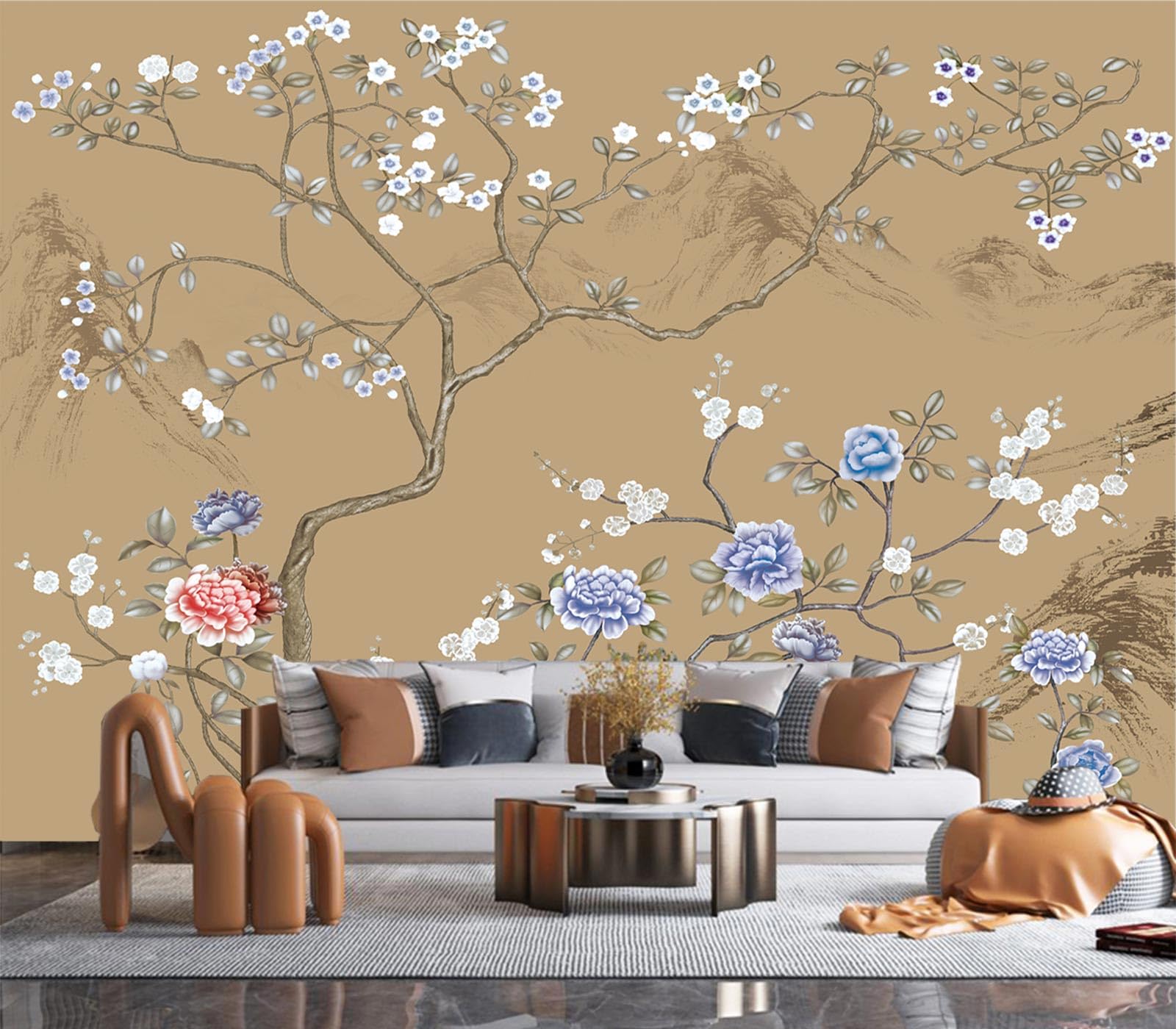 Elegante mural de pinceles finos estilo chino con motivos de flores y pájaros autoadhesivo