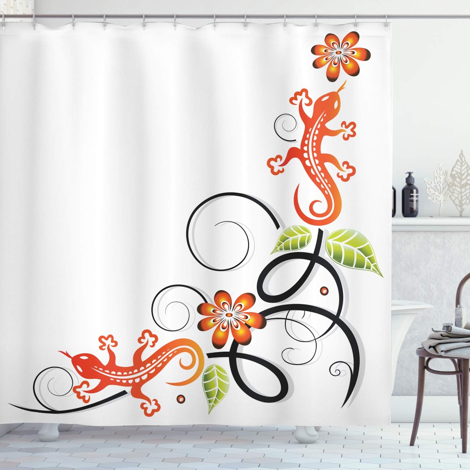 Ambesonne Tribal Shower Curtain, Small Lizard Flowers and Leaves with Oriental Lines Print, Cloth Fabric Bathroom Decor Set with Hooks, 69" W x 75" L, Orange White Black