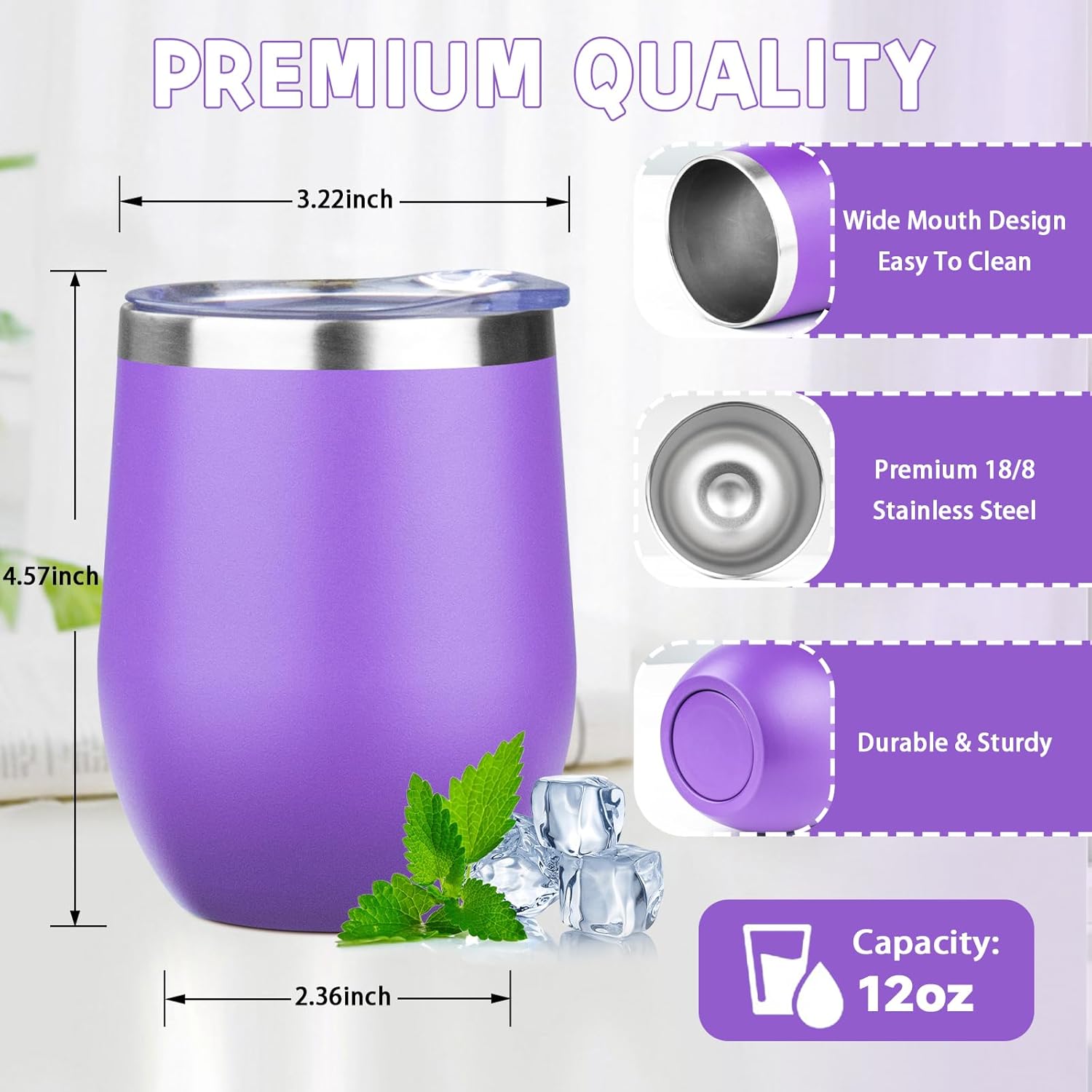 12oz/4 Pack Stainless Steel Wine Tumbler with Lid and Straw, Double Wall Vacuum Insulated Wine Tumbler Glasses, Stemless Travel Mugs for Hot and Cold Drinks, Coffee, Wine, Cocktails - Image 2
