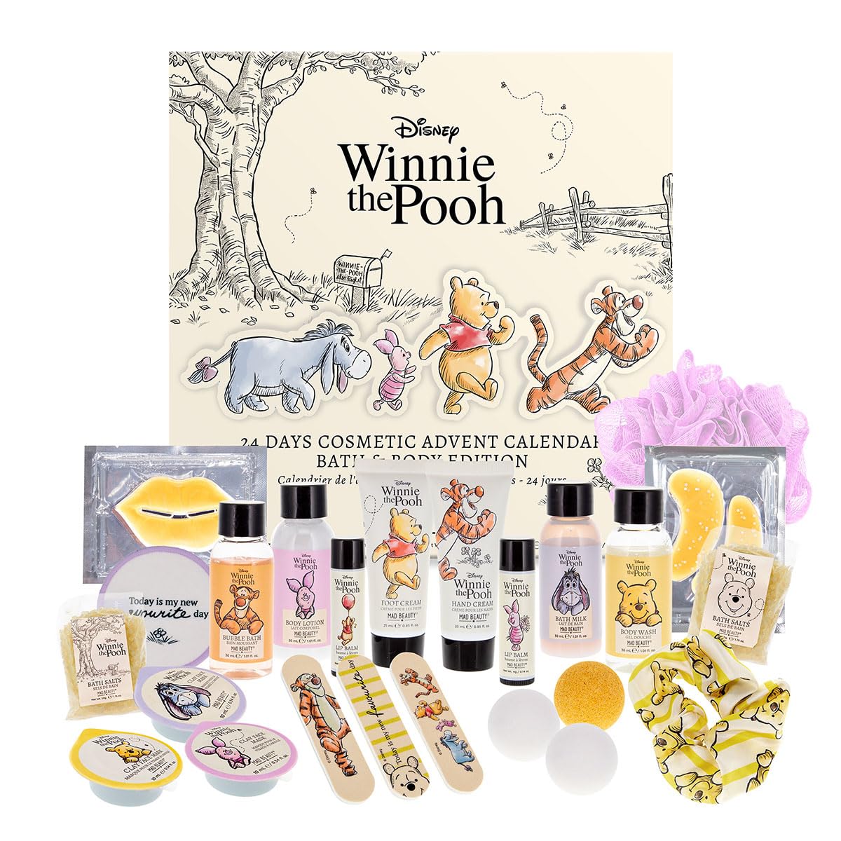 MAD Beauty – Calendario de Adviento Disney WINNIE THE POOH con 24 productos cosméticos, bienestar, mujeres, mascarilla facial, loción corporal, goma para el pelo, lima de uñas, belleza