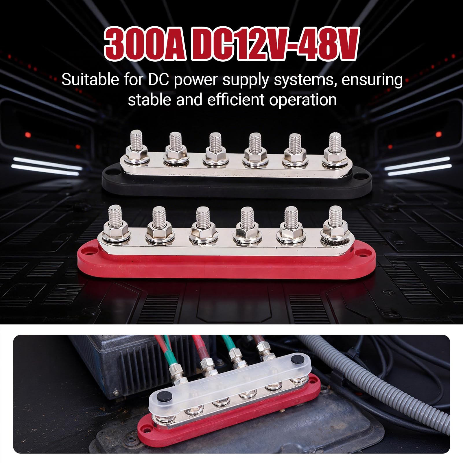 Blocco Di Distribuzione, 2PCS M8 300A 12-48V Sbarra Di Rame, Ottone Acciaio Inox Busbar Morsettiera per Auto, Berline E Navi