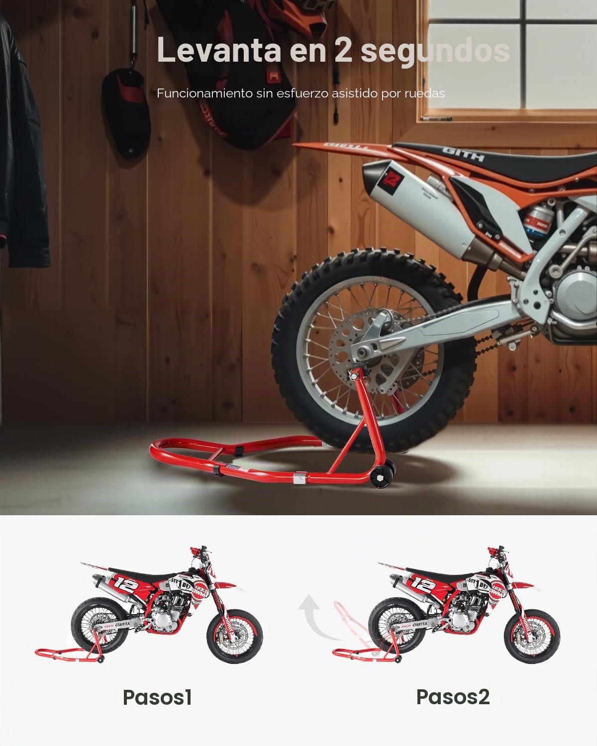 VEVOR Soporte para Rueda Trasera de Motocicleta, Capacidad de 390 kg, Resistente, con Horquilla en U y L, para Motocicleta, para Suzuki, Yamaha, Honda y Kawasaki, Color Rojo, 770 x 540 x 350 mm