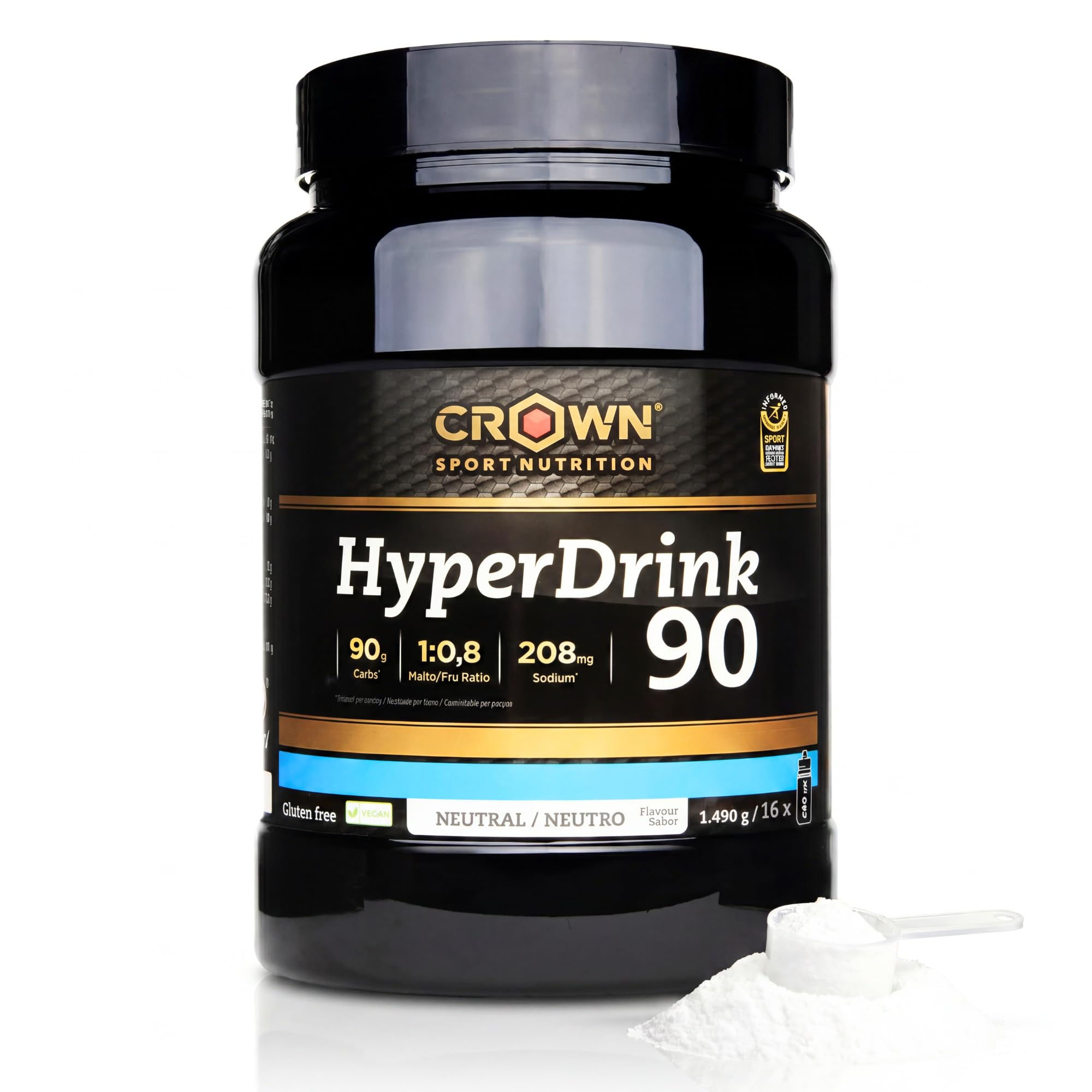 Crown Sport Nutrition HyperDrink 90 | Bebida Alta Carbohidratos 90 g en 500 ml y Sodio | Polvo Bote 1490 g 16 Tomas | Maltodextrina Fructosa Ratio 1:0,8 y Sal Marina | Sin Aditivos Sin Sabor