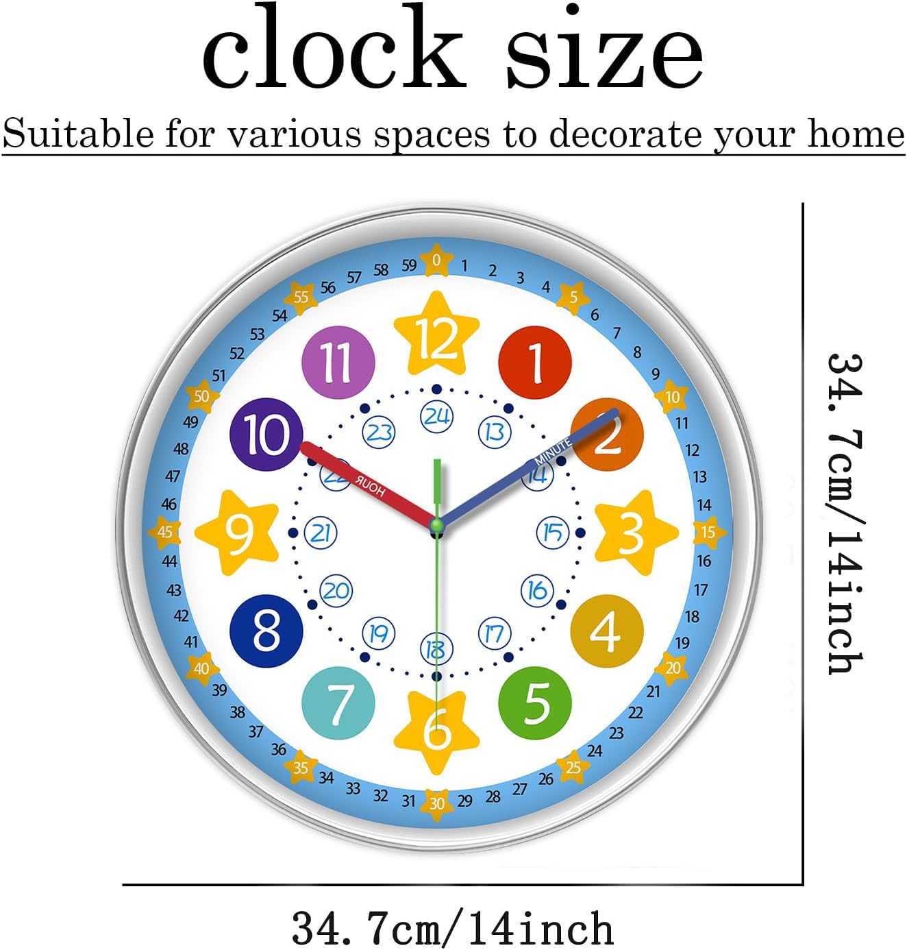 XFM Blue Kids Wall Clock 14 Inch Silent Non Ticking Quartz Battery Operated Decorative Time Teaching Clock for Children Bedroom Nursery Room Classroom