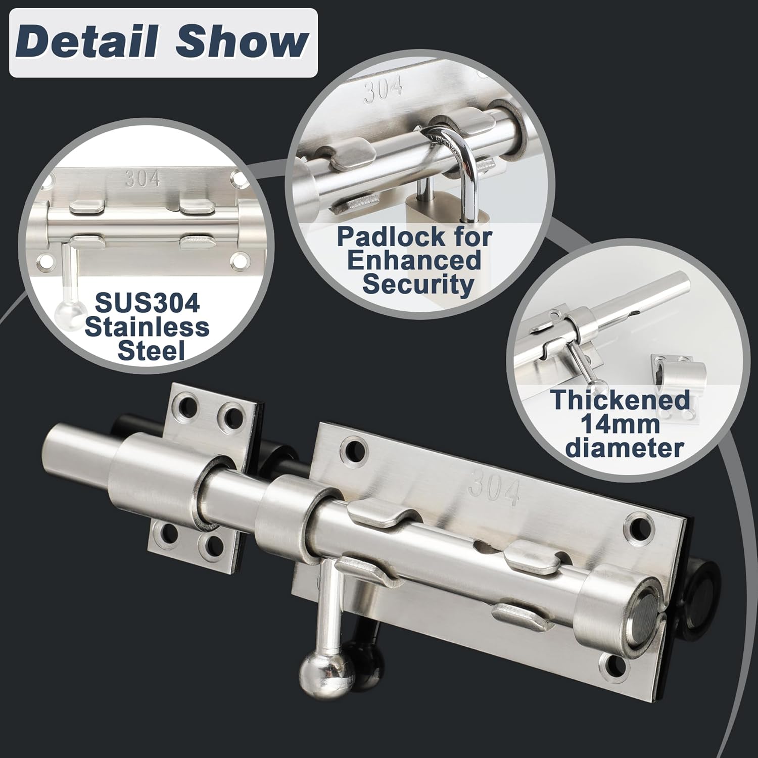 Alise 6 Inch Barrel Bolt Latch, SUS304 Stainless Steel Padlock-Style Gate Latch,Heavy Door Lock Latch, Security Slide Bolt Latch for Outdoor Fence, Window,Shed Door Brushed Finish MCX7006-LS