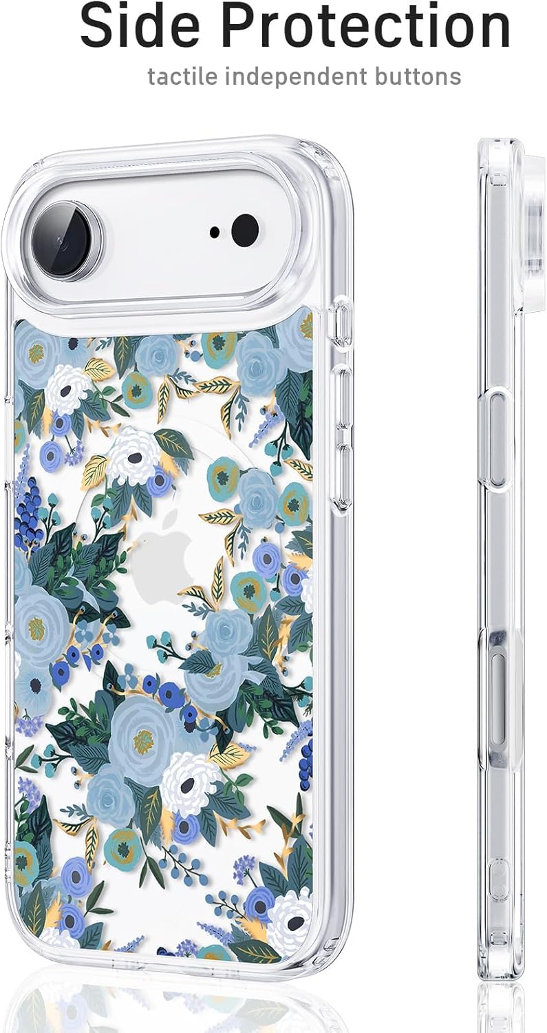 Clear Phone Case for iPhone 17 Air Compatible with Magsafe, Cute Blue Flowers Design Magnetic Shock Proof Heavy-Duty Protection for Men Boys Women Girls - Image 4