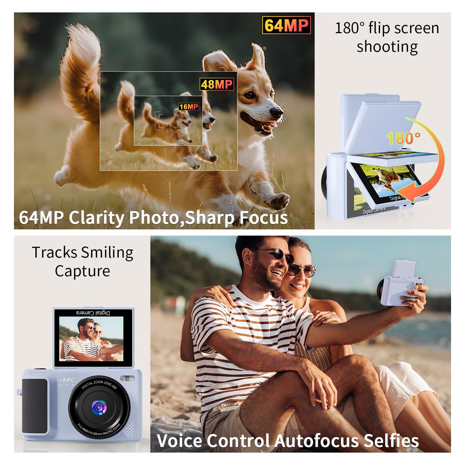 ARNSSIEN Aparat cyfrowy 4K, Odchylany ekran 180°, Zoom 16X | Kompaktowy aparat 2,8 cala z baterią 1500mAh, nagrywanie do 2h, wygodny design podróżny, Y1