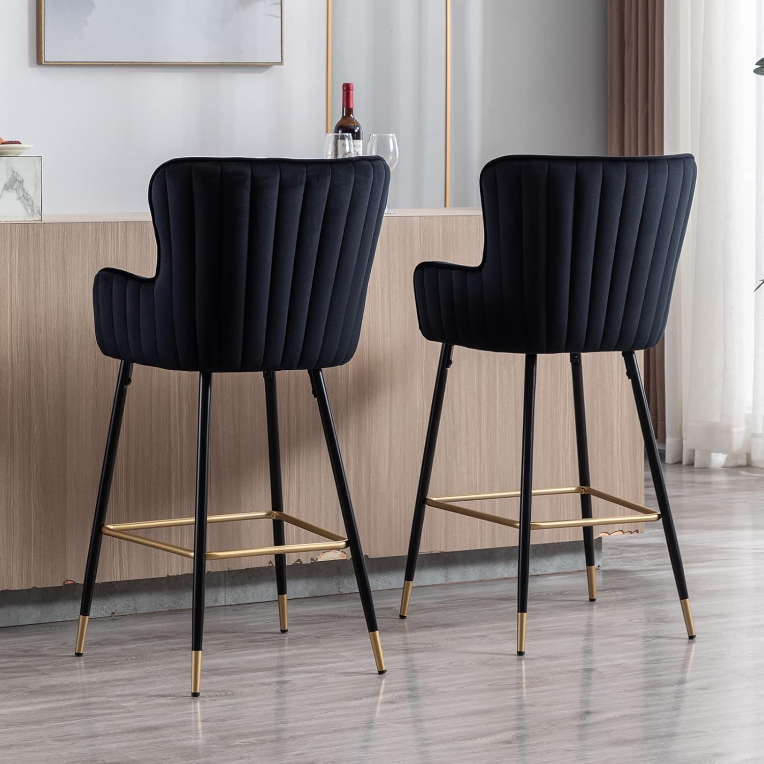 30Inch Black Velvet Bar Stools Set of 6, Upholstered Gold Bar Stools with Wing Back, Modern Kitchen Island Bar stools with Footrest High Dining Chairs for Kitchen Island Dining Room Home Pub