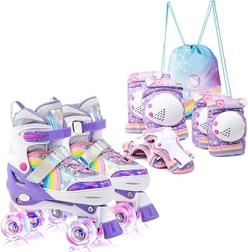 Rainbow Unicorn Roller Skates for Kids withProtective Gear Set Purple Medium