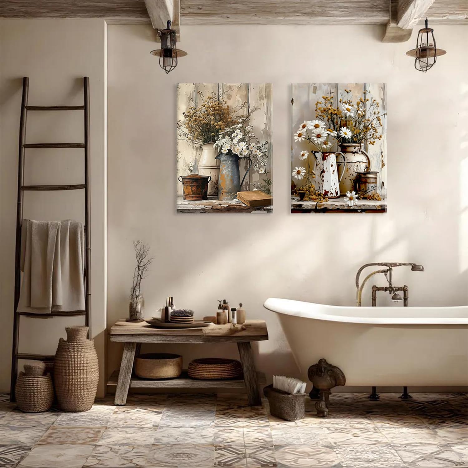 KESAIFEI 2 Piece Vintage Canvas Wall Art Country Farmhouse Daisy Flower, White Daisy, Nature Theme Art Prints for Bathroom Bedroom Living Room Country Wall Decor Ready to Hang 12x16 Inches.