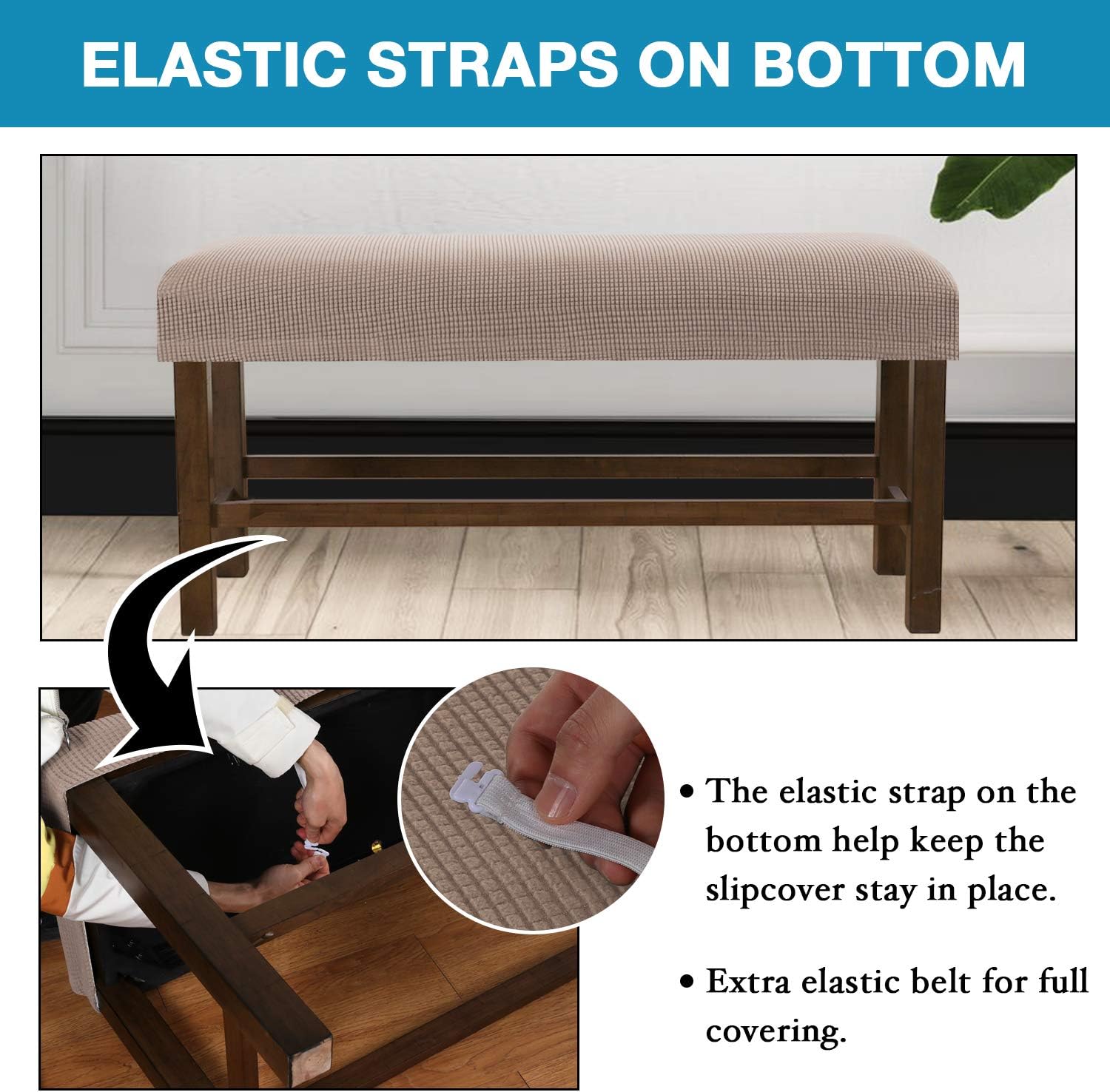 Stretch Bench Covers Removable Washable Khaki Bench Slipcover with Elastic Bottom Medium Bench Protectors Dining Chair Slipcovers for Living Room Kitchen Bedroom (Khaki)