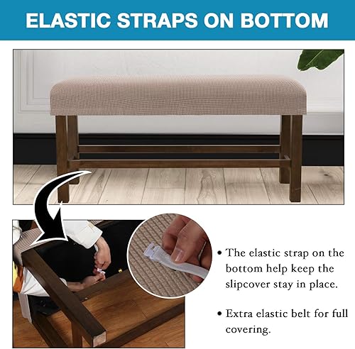 Vista 4 de Fundas elásticas de banco extraíbles y lavables, color caqui, con parte inferior elástica, protectores de banco medianos para silla de comedor