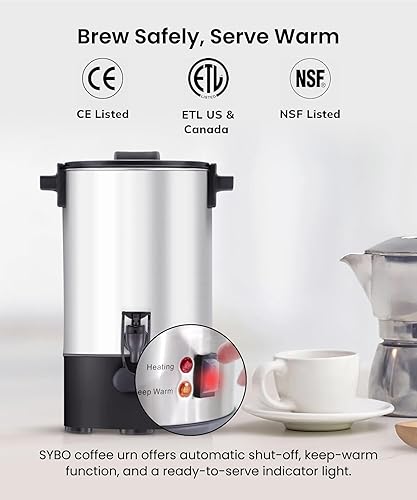 Miniatura 5 de SYBO Urna de café comercial de 45 tazas, cafetera de percolado de acero inoxidable, urna de agua caliente para catering, cafetera eléctrica,