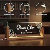 Vista 4 de Noni Placa de identificación LED personalizada para escritorio, placa de identificación de escritorio de acrílico iluminada con base de madera