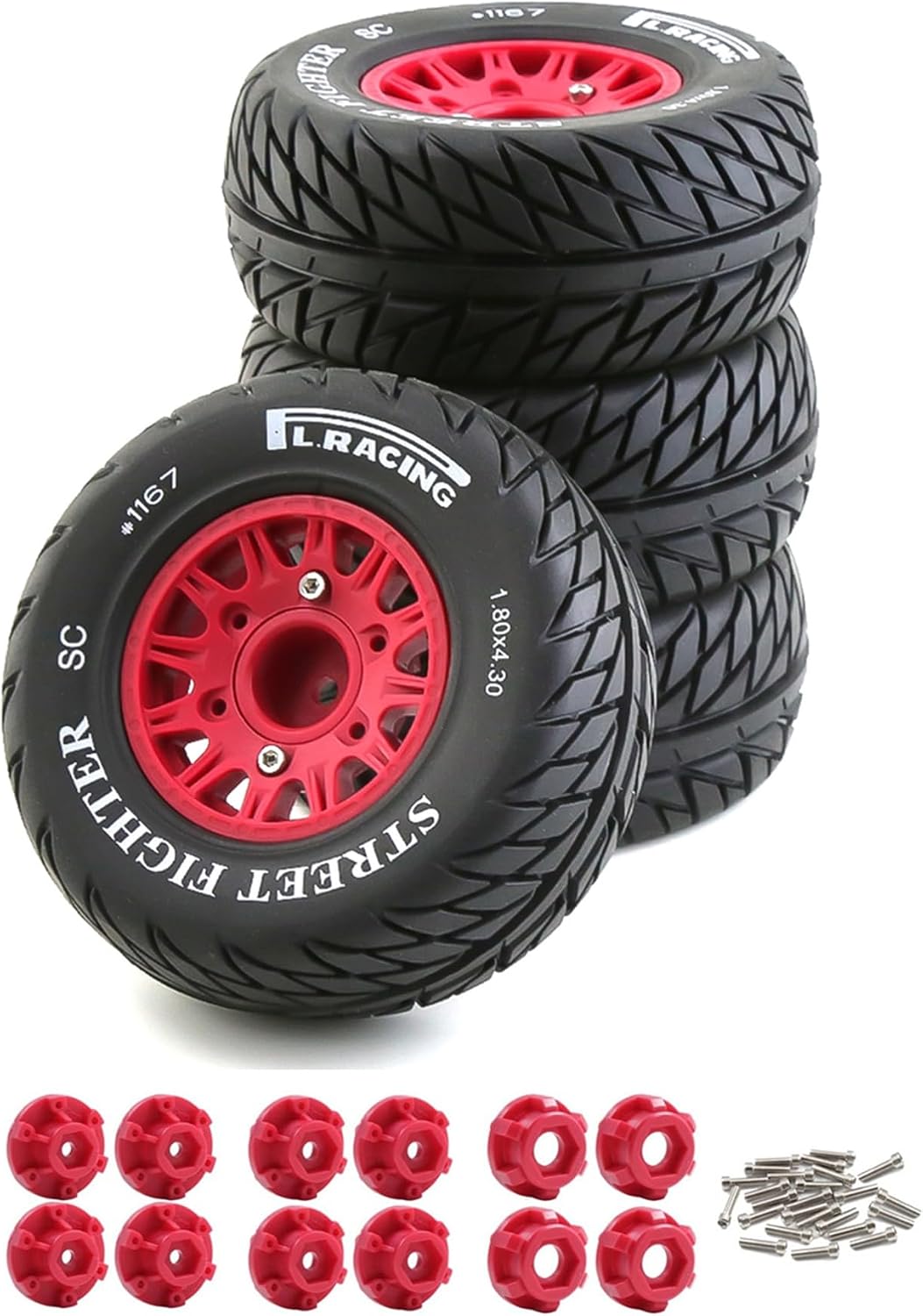1/10 1/8 RC Truck Tires and Wheels 12mm 14mm 17mm Hex OD 4.45" Short Course Off Road Tyre for 1:8 1:10 Scale Truck On Road Car Arrma Senton 3S Axial Losi Traxxas Slash 2WD 4×4 Rc4wd (Red)