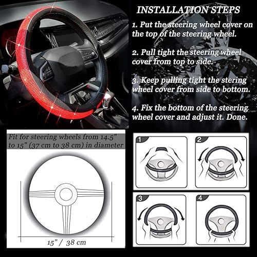Miniatura 52 de Funda para volante de piel con diamantes de imitación brillantes, ajuste universal de 15 pulgadas, protector de volante de automóvil para mujeres