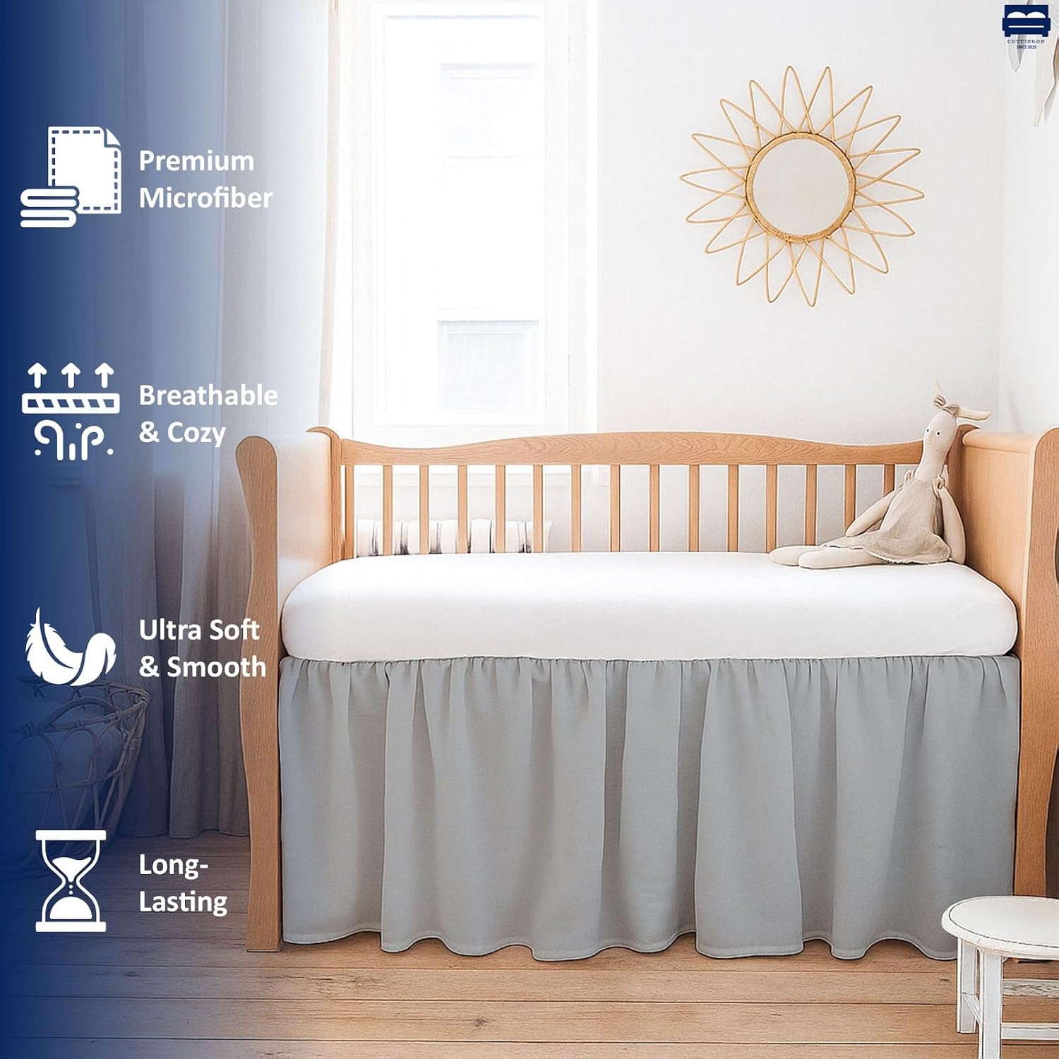 Cottingon Crib Bed Skirt for Nursery, Toddler Bedding Dust Ruffle, Brushed Microfiber Crib Skirt with 14" Drop, Fits Standard Crib and Toddler Beds, Light Grey