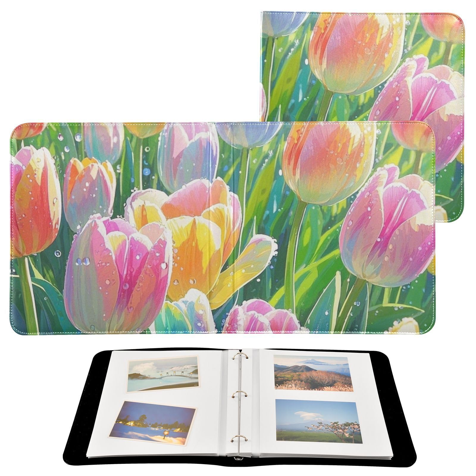 Photo Album 4x6, 5x7,6x8,Artificial Leather Photo Albums with 20 Detachable Sheets Tulips Print for Family Wedding,Multi 19