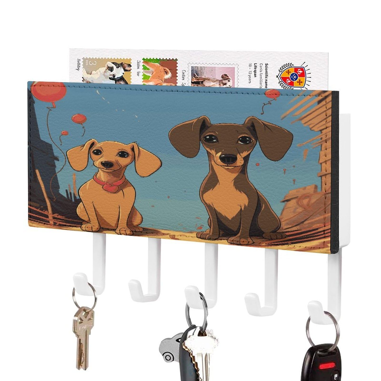 FekiLoot Two Dachshunds Key Holder Wall Mount Key Hooks for Wall Decorative with 5 Hooks PU Mail Rack Organizer with Shelf for Entryway Mudroom Hallway Office 7.1X4.3 in