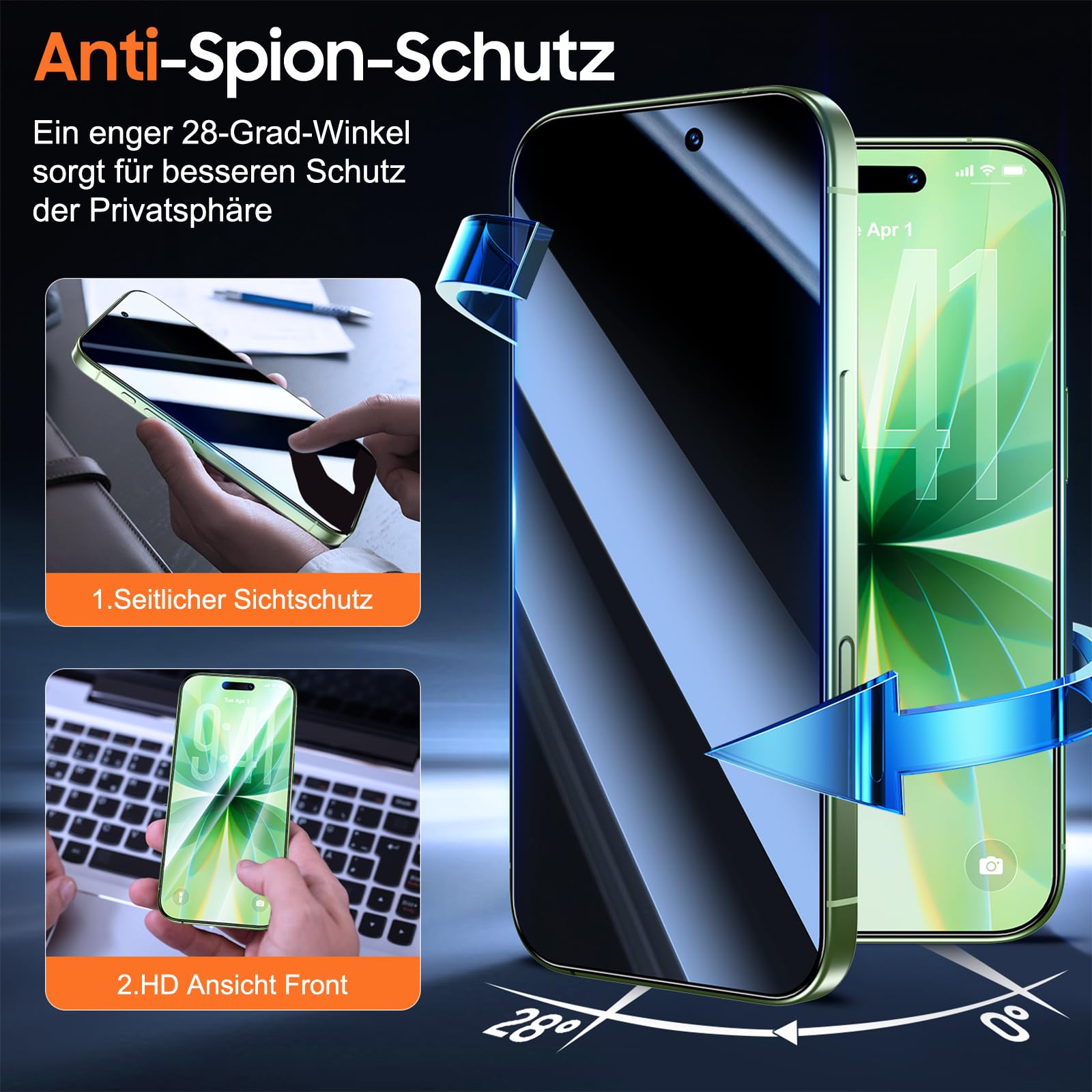 UniqueMe Tempered Glass Privacy Screen Protector for iPhone 17/16 Pro, Automatic Installation, Shatterproof Military Level, Anti-Spy Film, Pack of 2 - 2