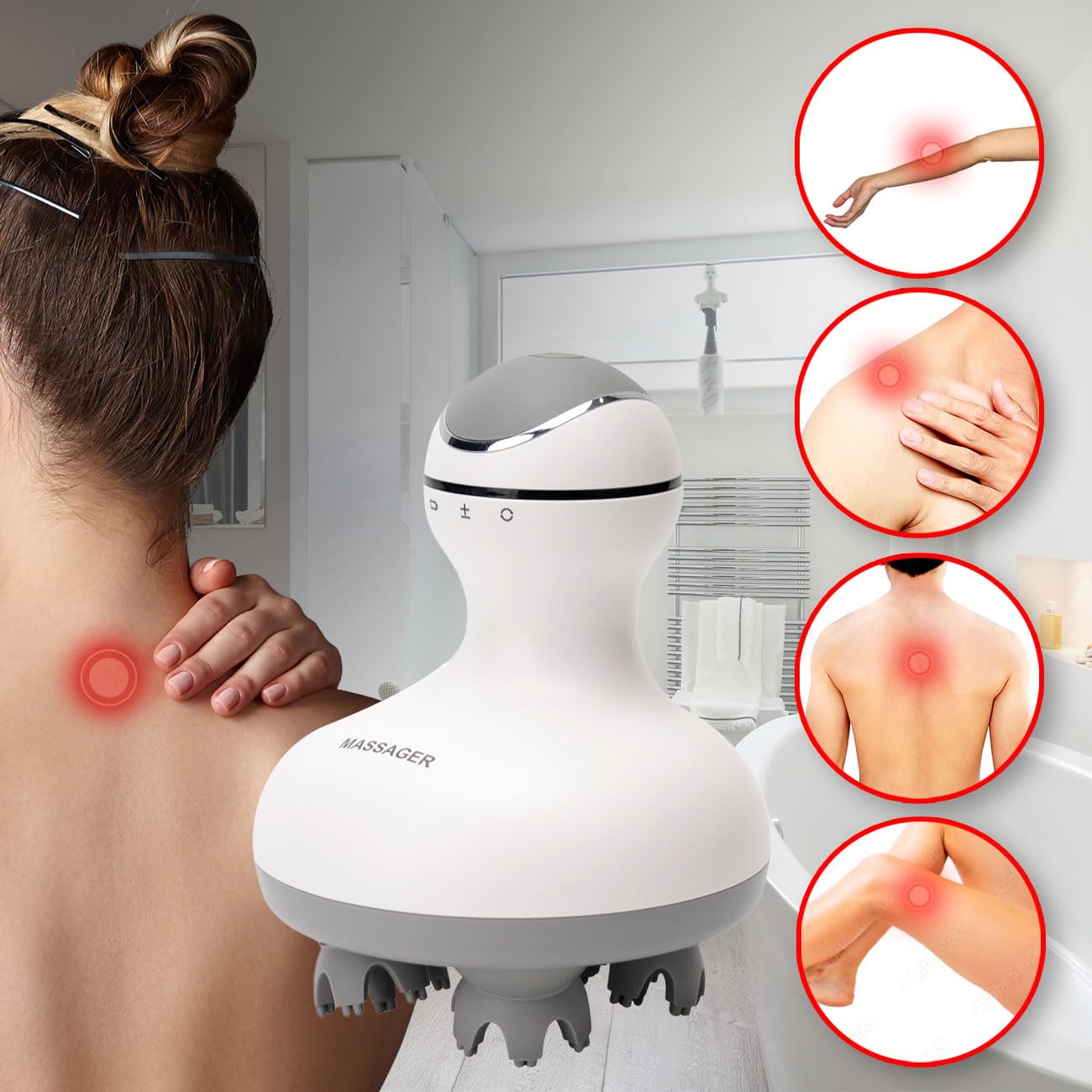Professionelles Kopf- und Körper-Massagegerät, 4 Massageköpfe, mobil mit Akkubetrieb, abwaschbar, auch mit Massageöl verwendbar
