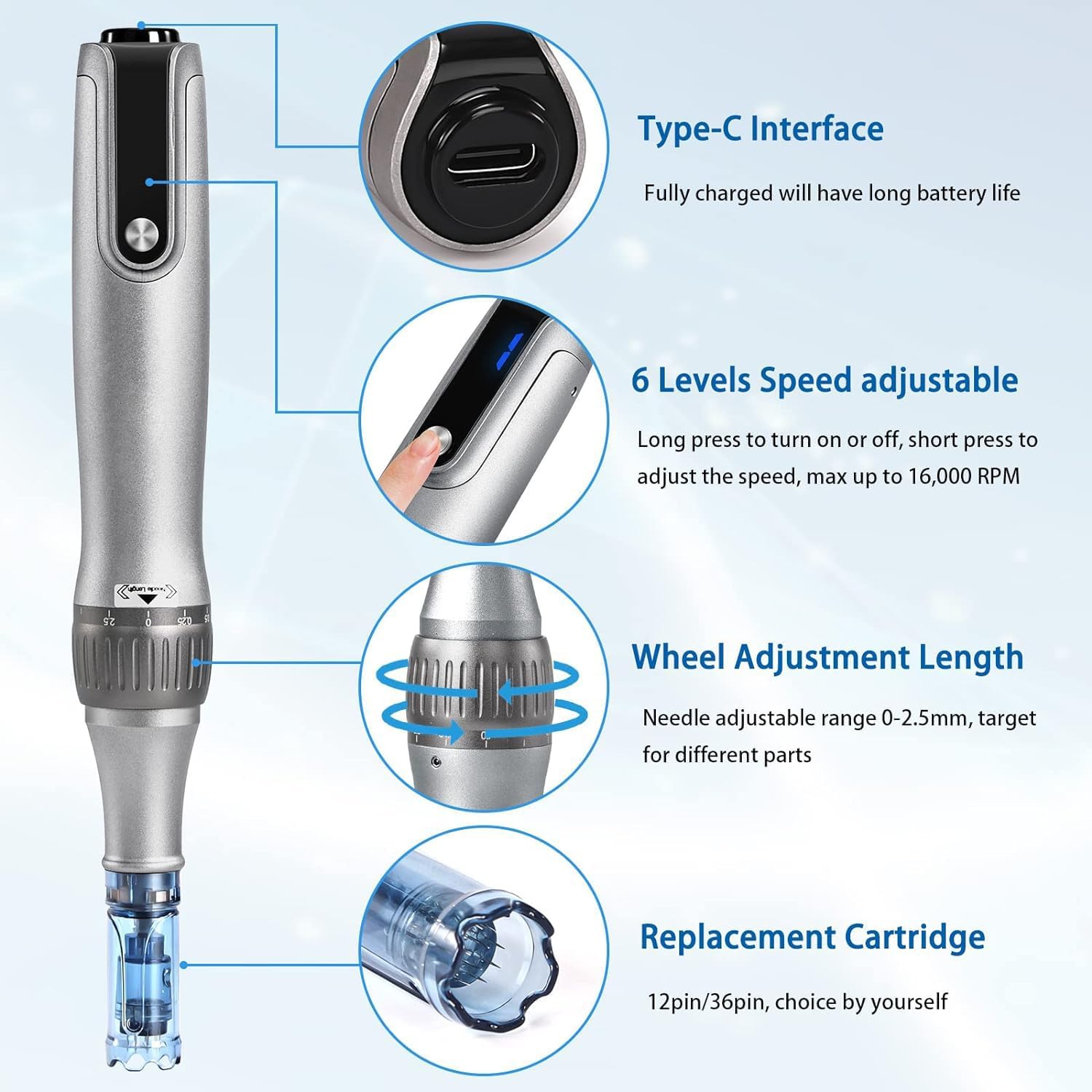 Microneedling Pen M8S, Dermapen professionale Dr.pen wireless con 6 aghi di ricambio 12 pin 36 pin, 6 livelli di velocità regolabili da 0,25 a 2,5 mm
