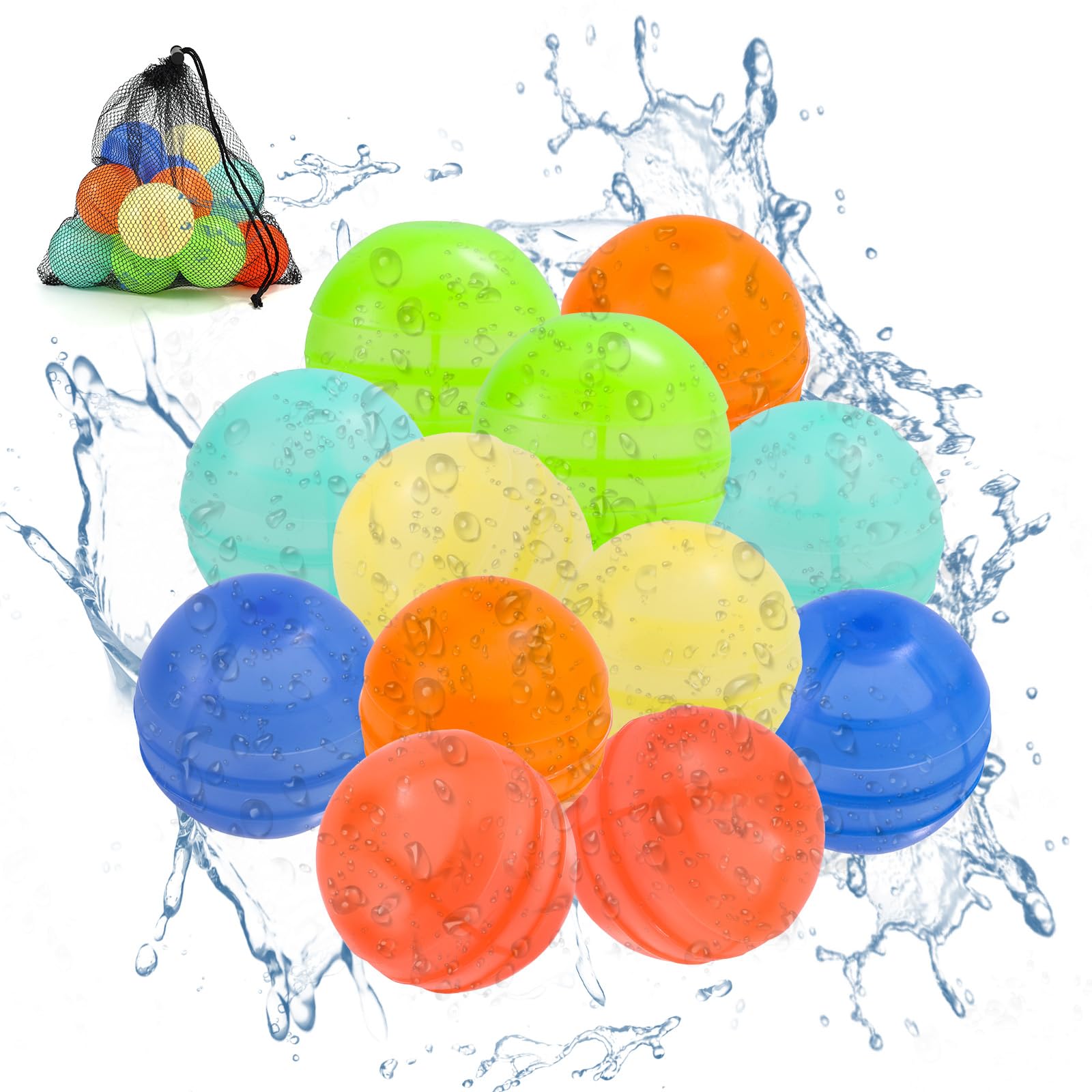 Lyreh 12pcs Reusable Water Balls, Soft Silicone Refillable Water Bombs Balloons with Mesh Bag Quick Fill Summer Toys for Swimming Pool Beach Outdoor Activities Parties(6 Colors)