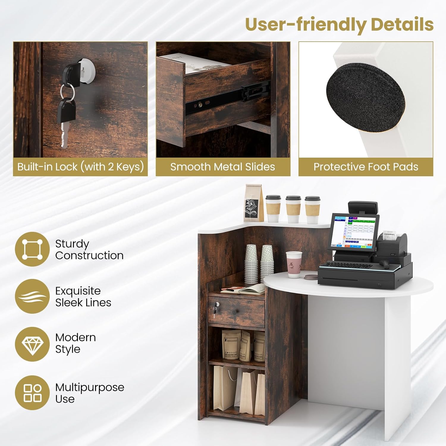 Giantex Reception Desk, Front Counter Desk with Lockable Drawer, Checkout Table with Round Tabletop, Corner Shelf & Adjustable Shelf for Office Beauty Salon Retail Store (Brown & White)