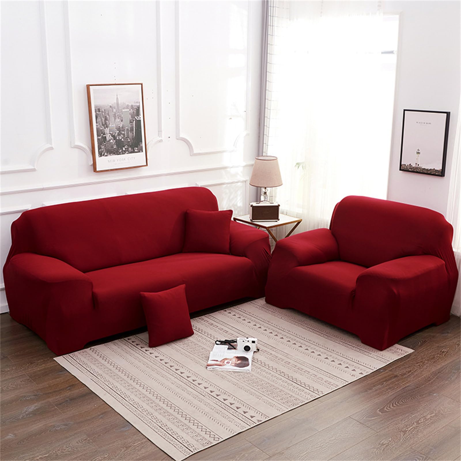 Sofa Cover 1/2/3/4 Seater, Adjustable Elastic Non-Slip Sofa Cover with Armrests, Universal for Living Room Pet (3 Seater, Bordeaux)