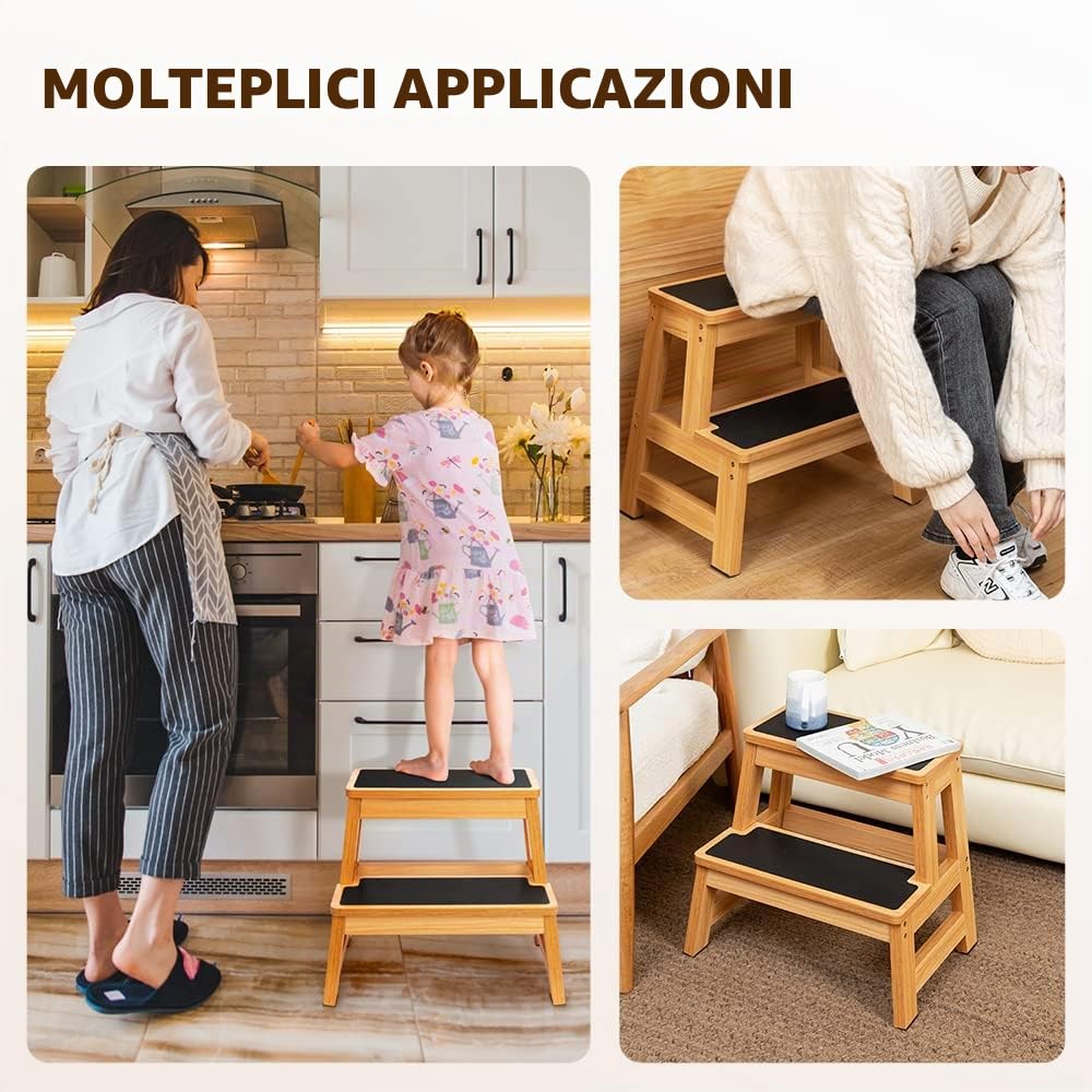 StrongTek Sgabello in legno 43 cm per adulti e bambini, versatile per cucina/letto/armadio, superficie antiscivolo, sicurezza e stabilità, capacità 227kg
